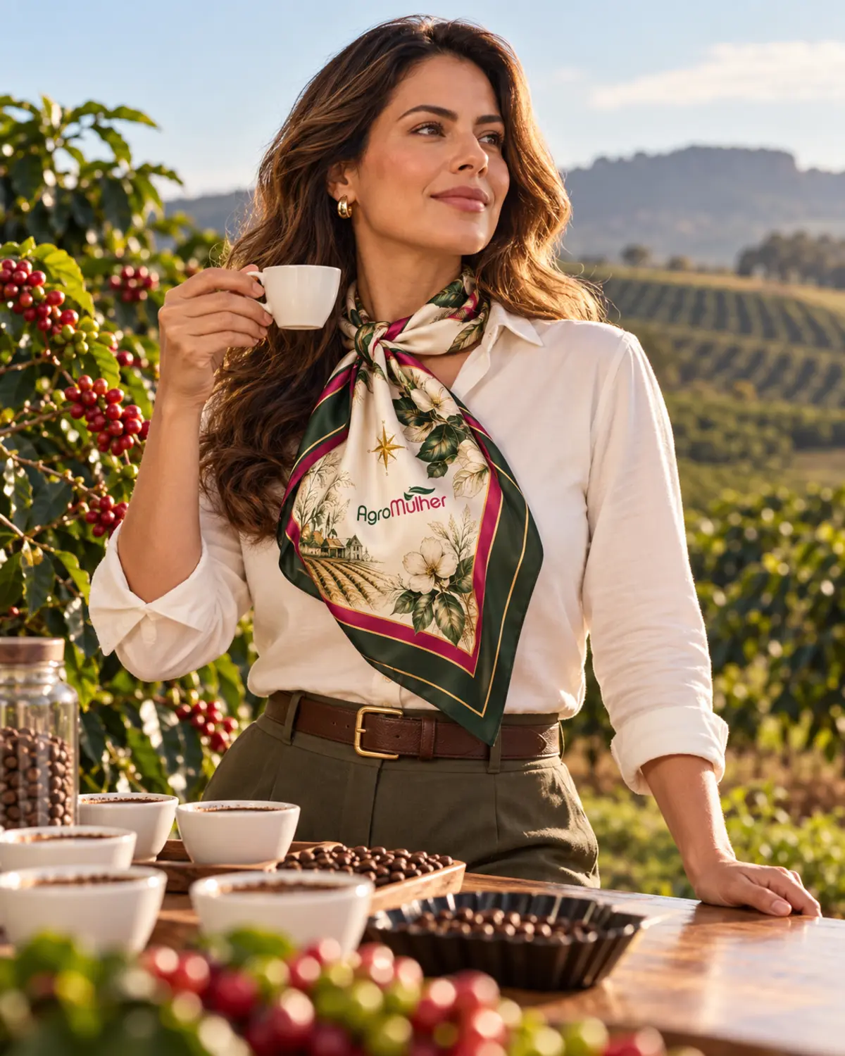 Mulher usando lenço Lidere AgroMulher em uma produção de cafés especiais