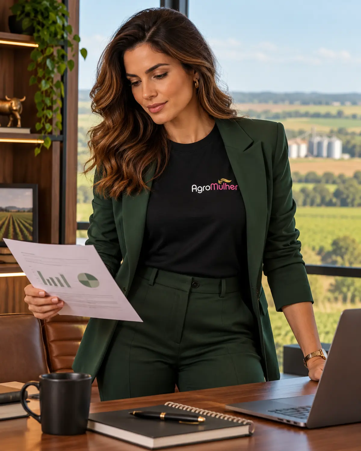 Executiva usando t-shirt Essential AgroMulher no escritório