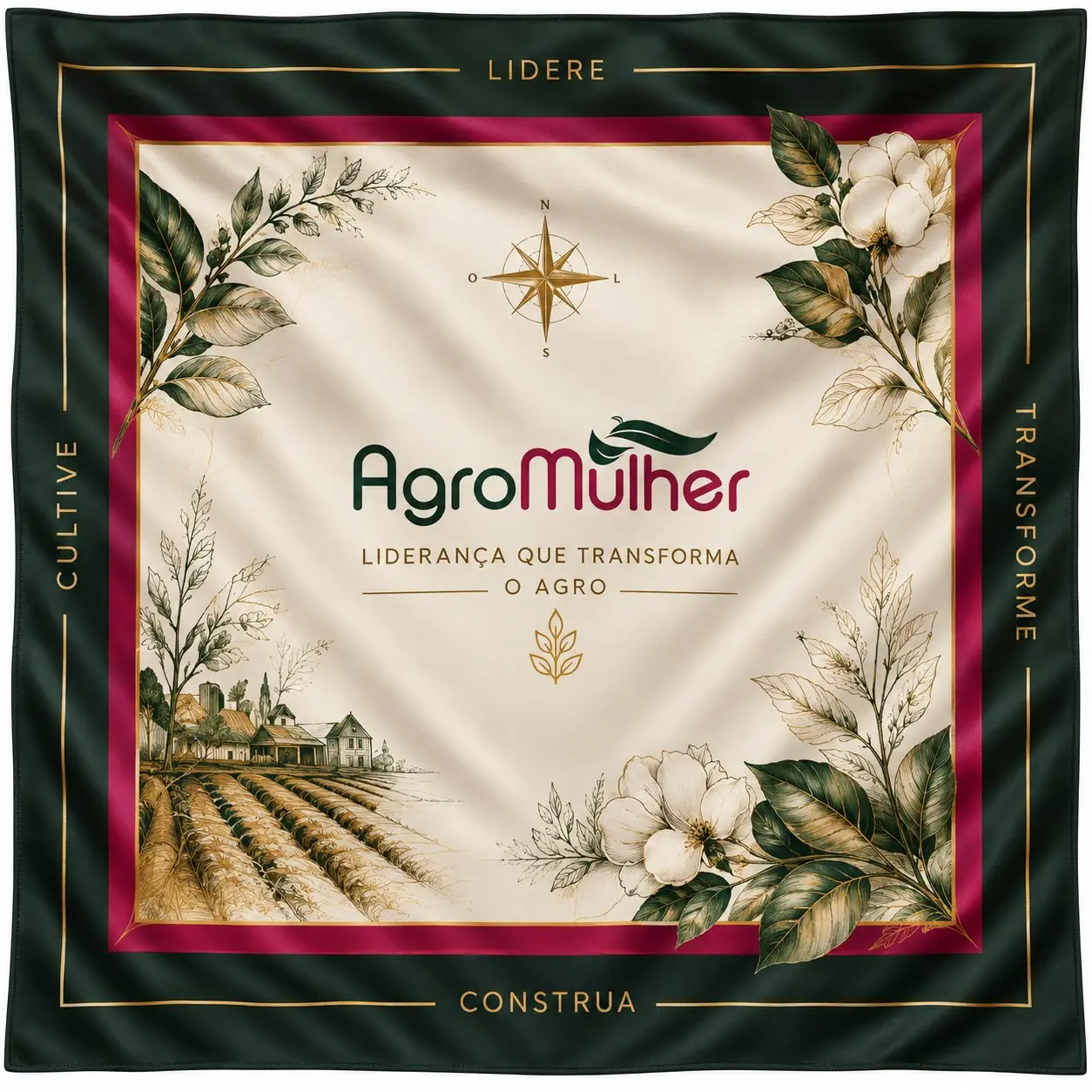 Lenço AgroMulher Lidere em verde-musgo, off-white, magenta e dourado