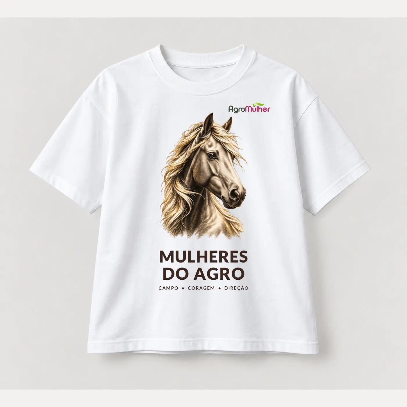 T-shirt branca Mulheres do Agro com estampa de cavalo