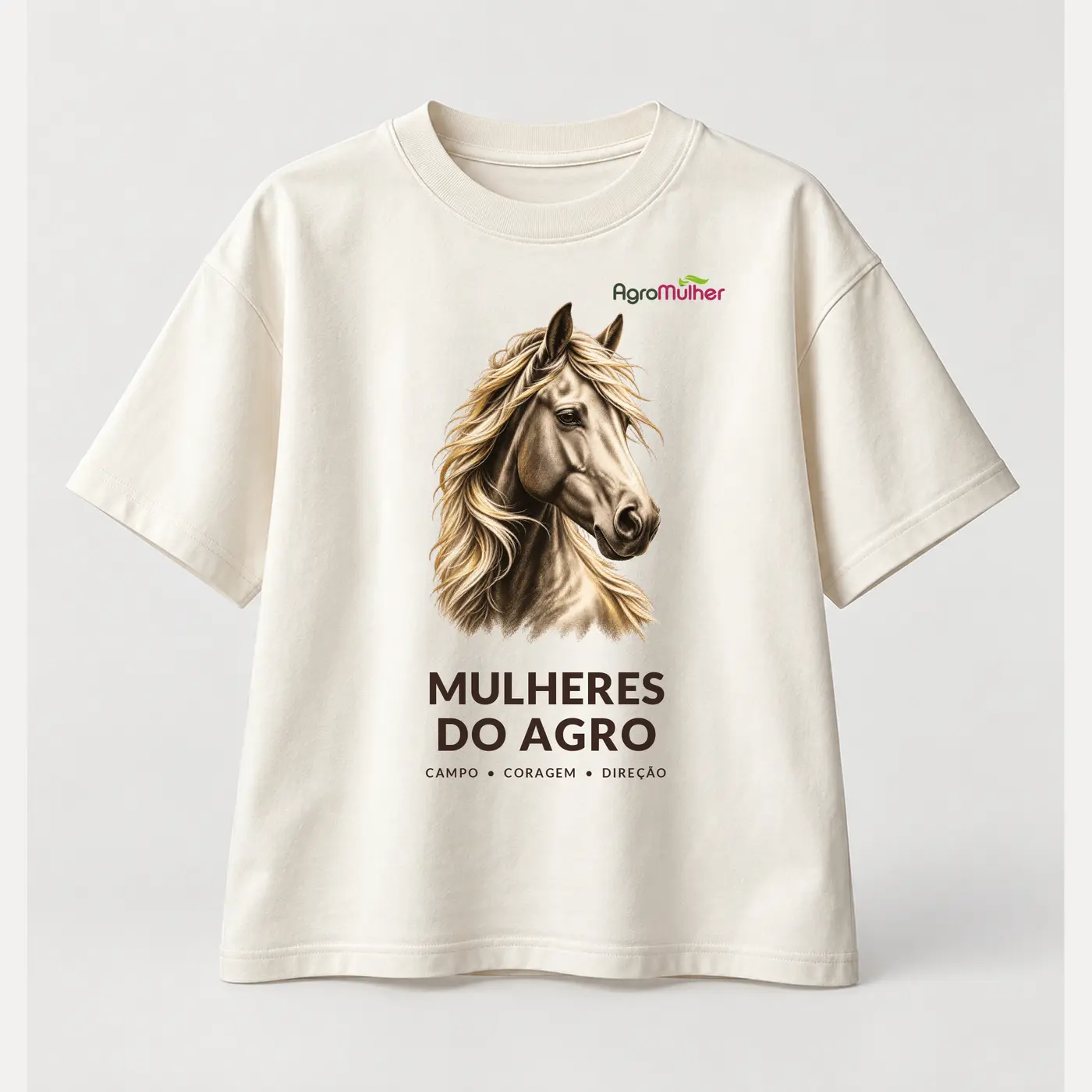 T-shirt off-white Mulheres do Agro com estampa de cavalo
