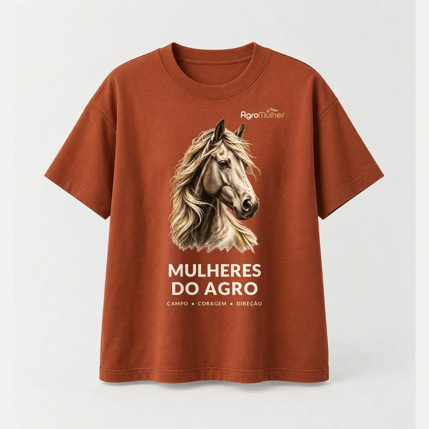 T-shirt terracota Mulheres do Agro com estampa de cavalo