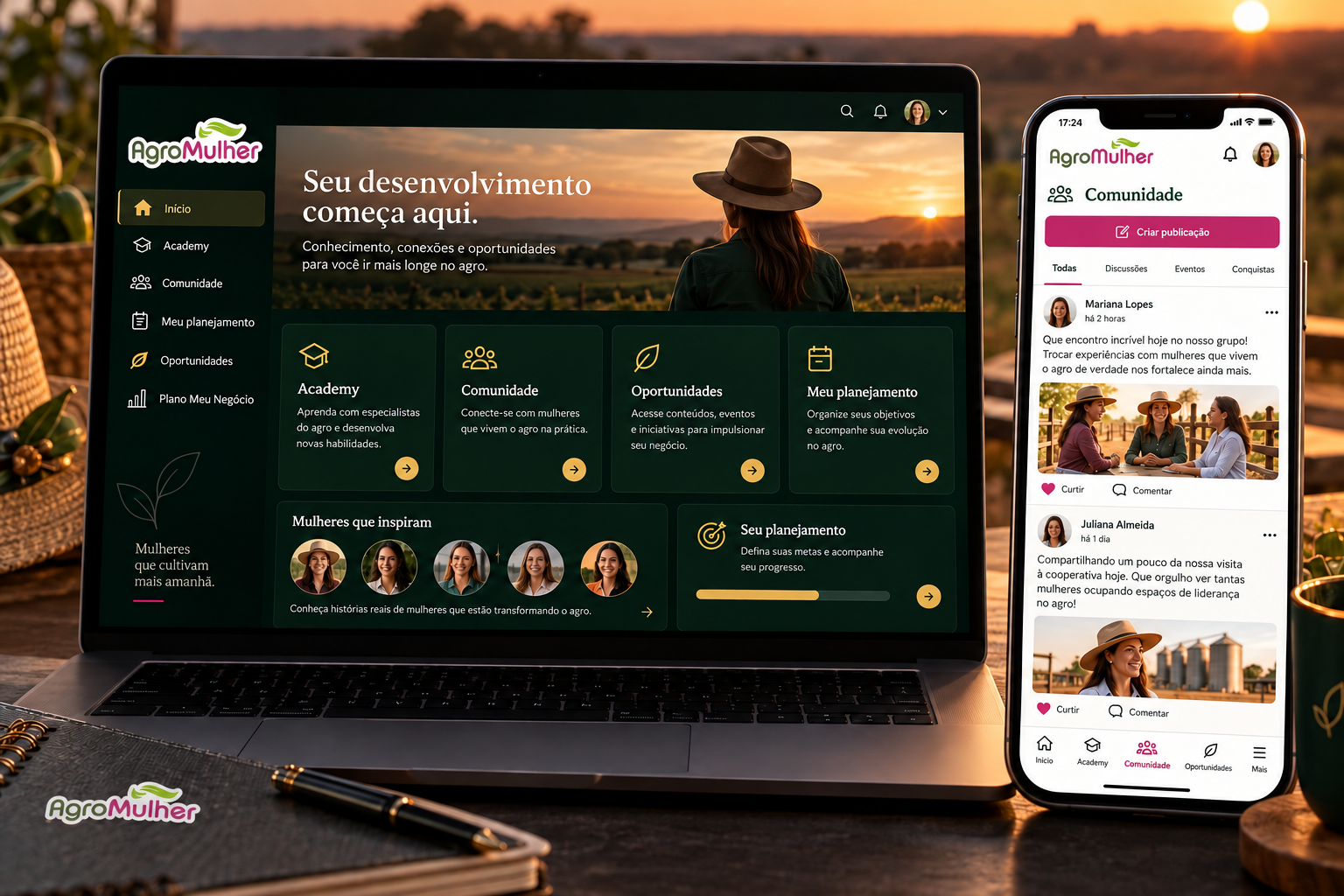 Prévia ilustrativa da plataforma AgroMulher no computador e no celular, com dashboard escuro e comunidade clara