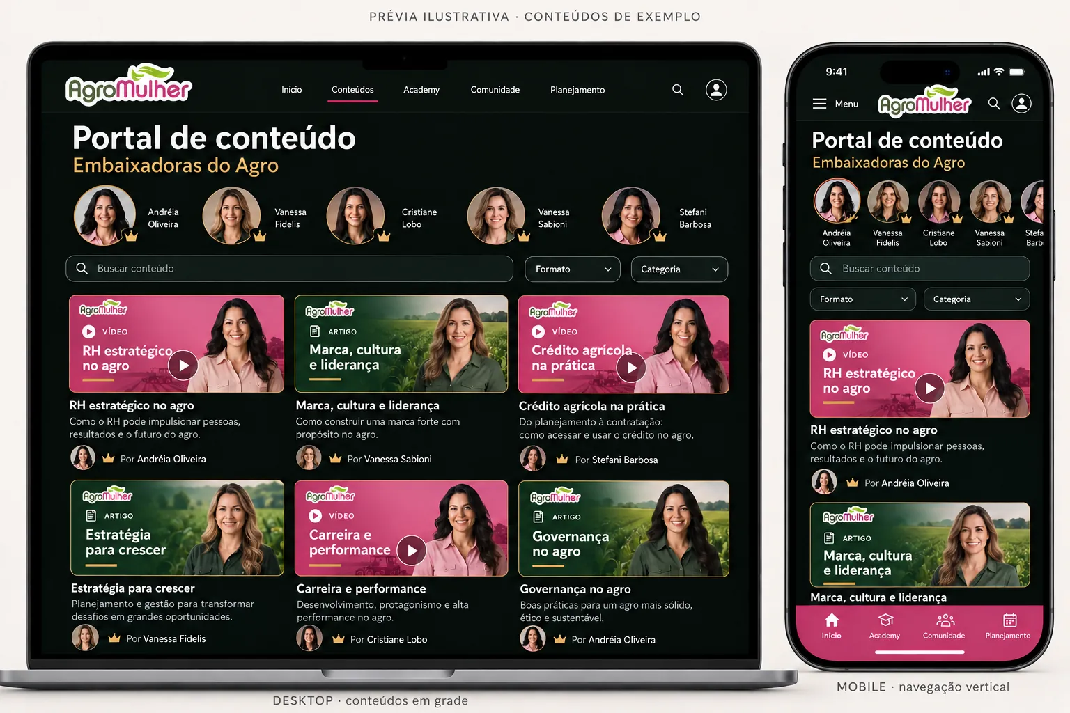Prévia ilustrativa do Portal de Conteúdo AgroMulher no desktop e no celular